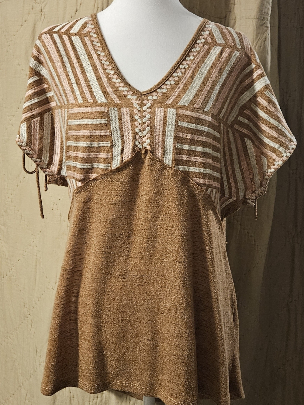 Boho Metallic Stripe V-Neck Tunic Top - Brown